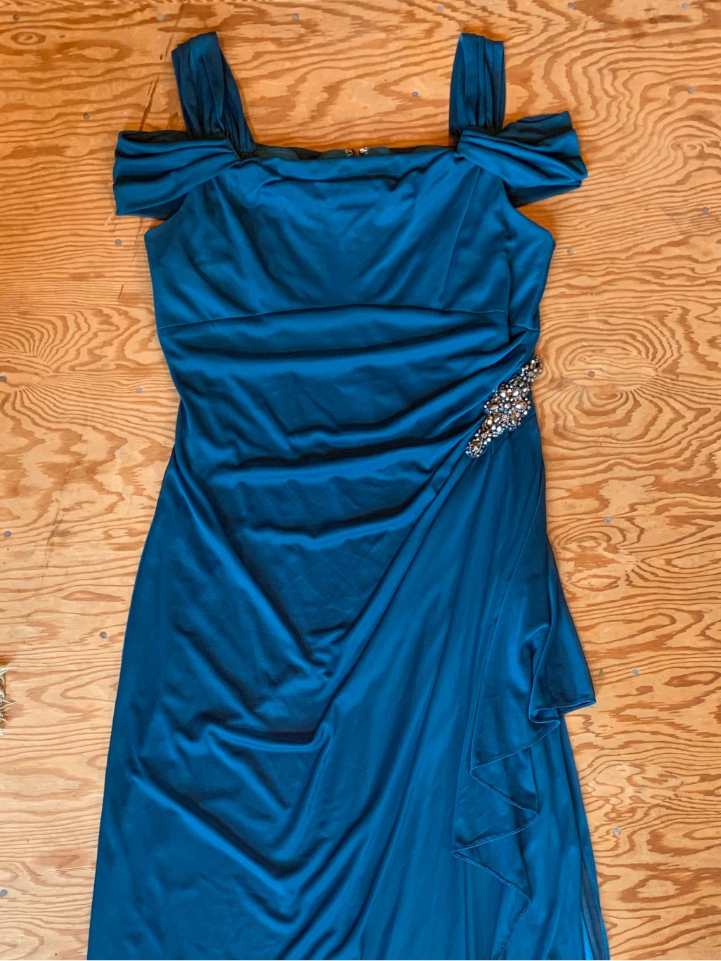 Alex Evenings Teal Off-Shoulder Evening Gown With Side Embellishment